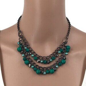 Two Tier Necklace Green Beaded Fringe Dark Silver Tone Chain